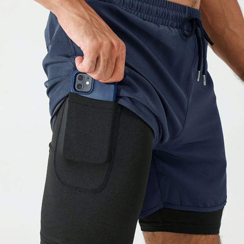 Herre 2-i-1 Treningsshorts med Glidelåslommer – Geometrisk Mønster | Perfekt for Trening og Hverdagsbruk