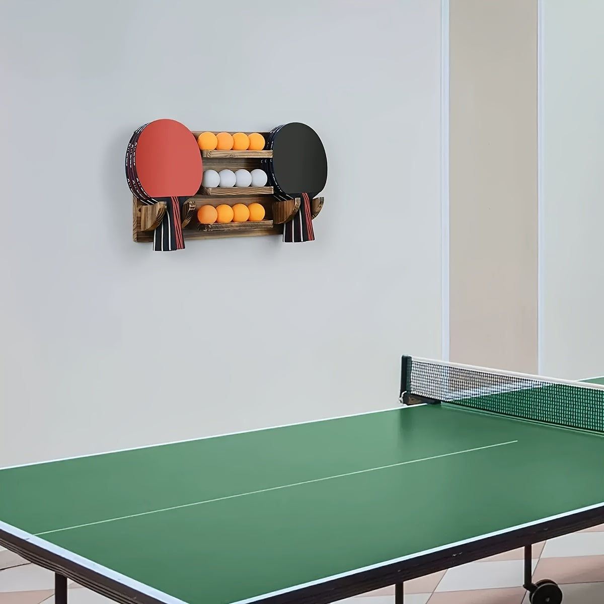 Vegghengt Bordtennisholder i Tre – Organiseringsstativ for 3 Par Rackerter og 12 Baller