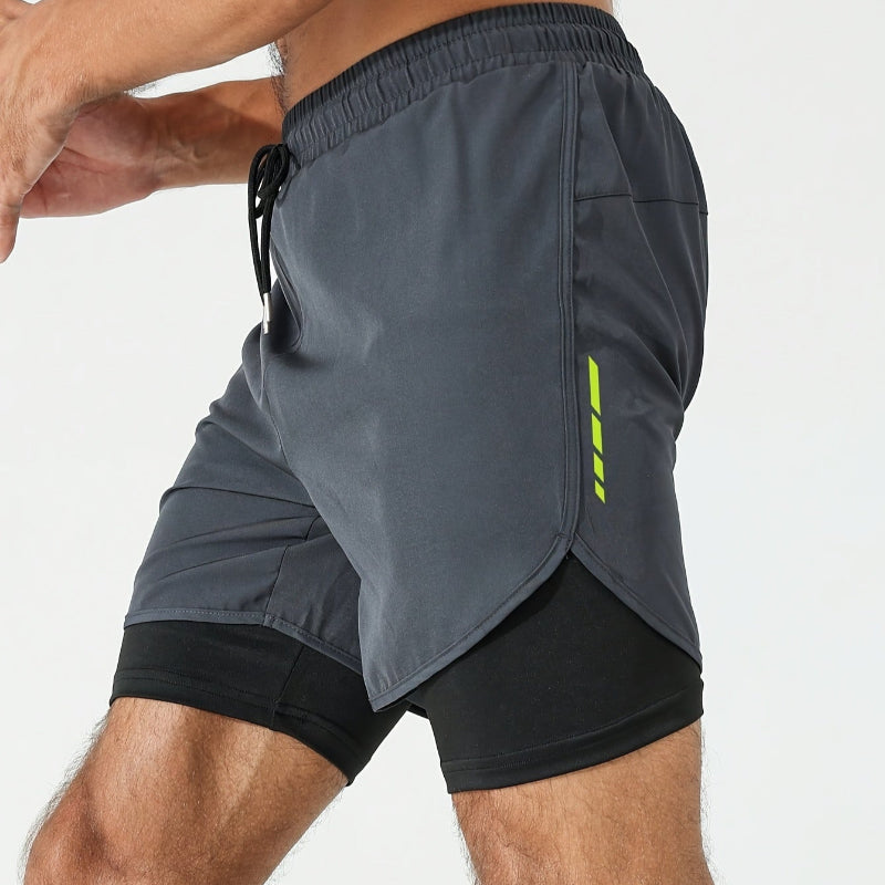 Herre 2-i-1 Treningsshorts med Glidelåslommer – Geometrisk Mønster | Perfekt for Trening og Hverdagsbruk