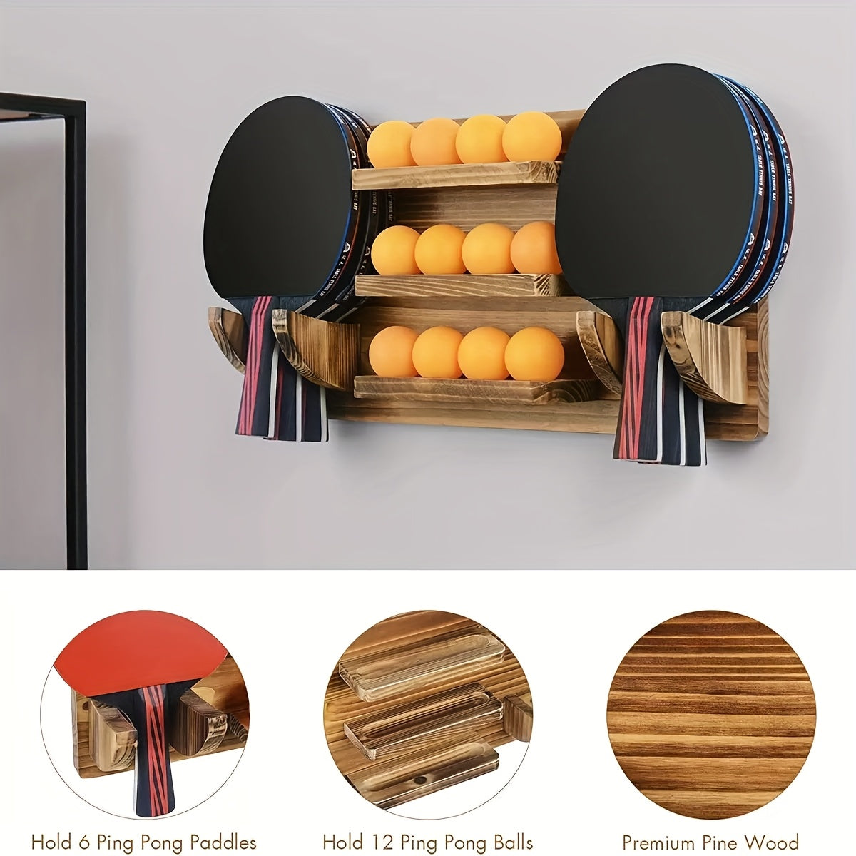 Vegghengt Bordtennisholder i Tre – Organiseringsstativ for 3 Par Rackerter og 12 Baller