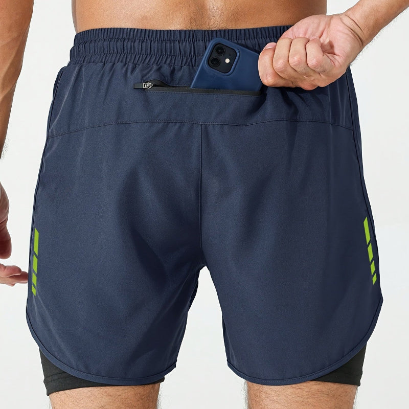 Herre 2-i-1 Treningsshorts med Glidelåslommer – Geometrisk Mønster | Perfekt for Trening og Hverdagsbruk