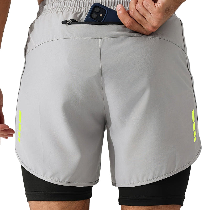 Herre 2-i-1 Treningsshorts med Glidelåslommer – Geometrisk Mønster | Perfekt for Trening og Hverdagsbruk