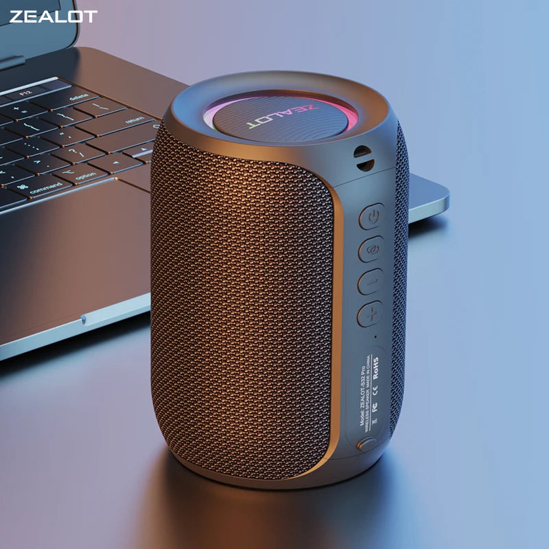 Zealot S32PRO kraftig Bluetooth-høyttaler – bass, LED-lys, vanntett og bærbar for utendørs bruk