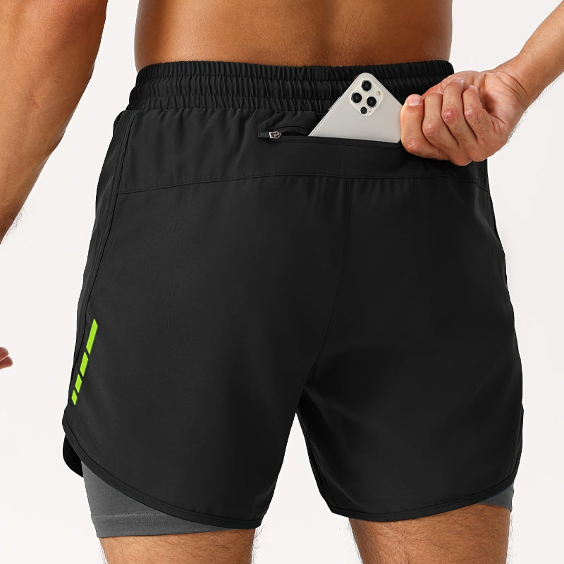 Herre 2-i-1 Treningsshorts med Glidelåslommer – Geometrisk Mønster | Perfekt for Trening og Hverdagsbruk