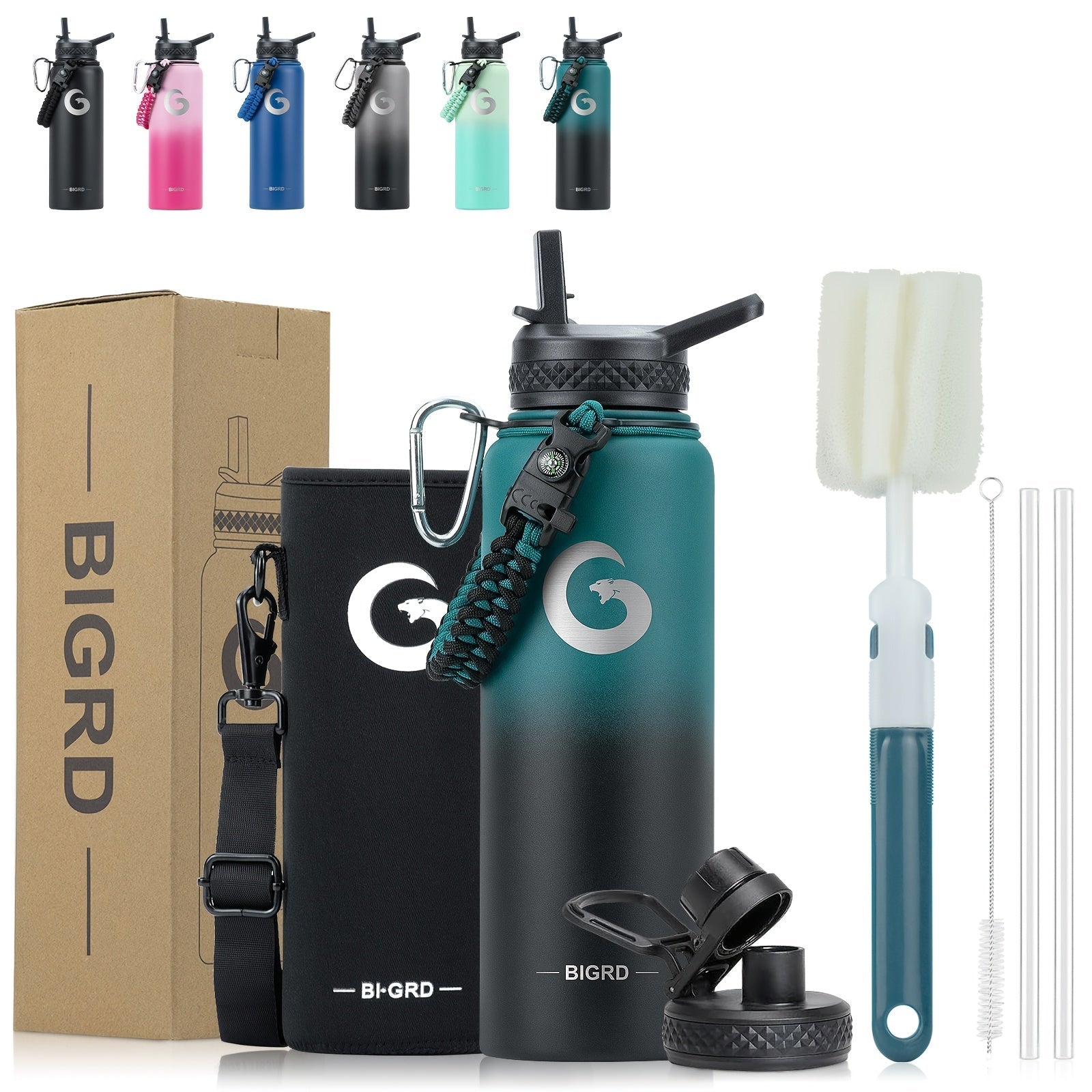 BIGRD Triple-Vacuum Termoflaske – 40oz / 64oz med Paracord-håndtak og sugerørslokk