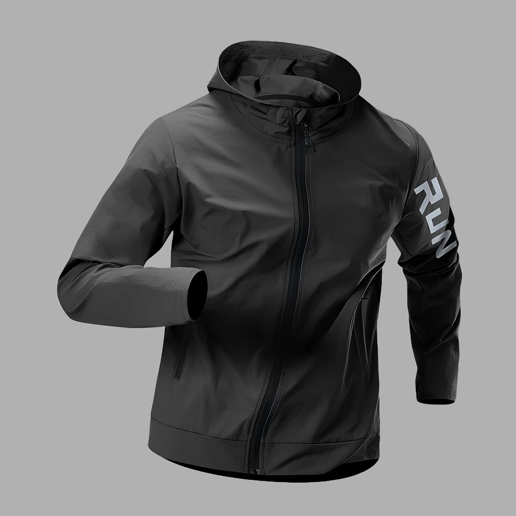 Herrejakke med Hette og "RUN"-Trykk – Sporty Vindjakke for Høst og Vinter