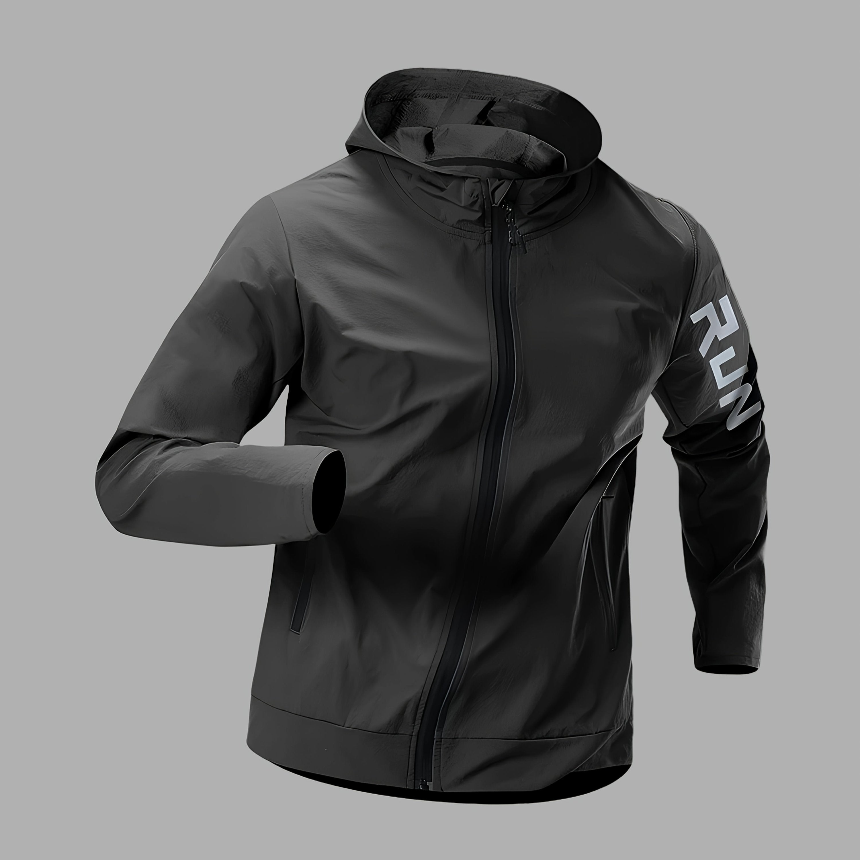 Herrejakke med Hette og "RUN"-Trykk – Sporty Vindjakke for Høst og Vinter
