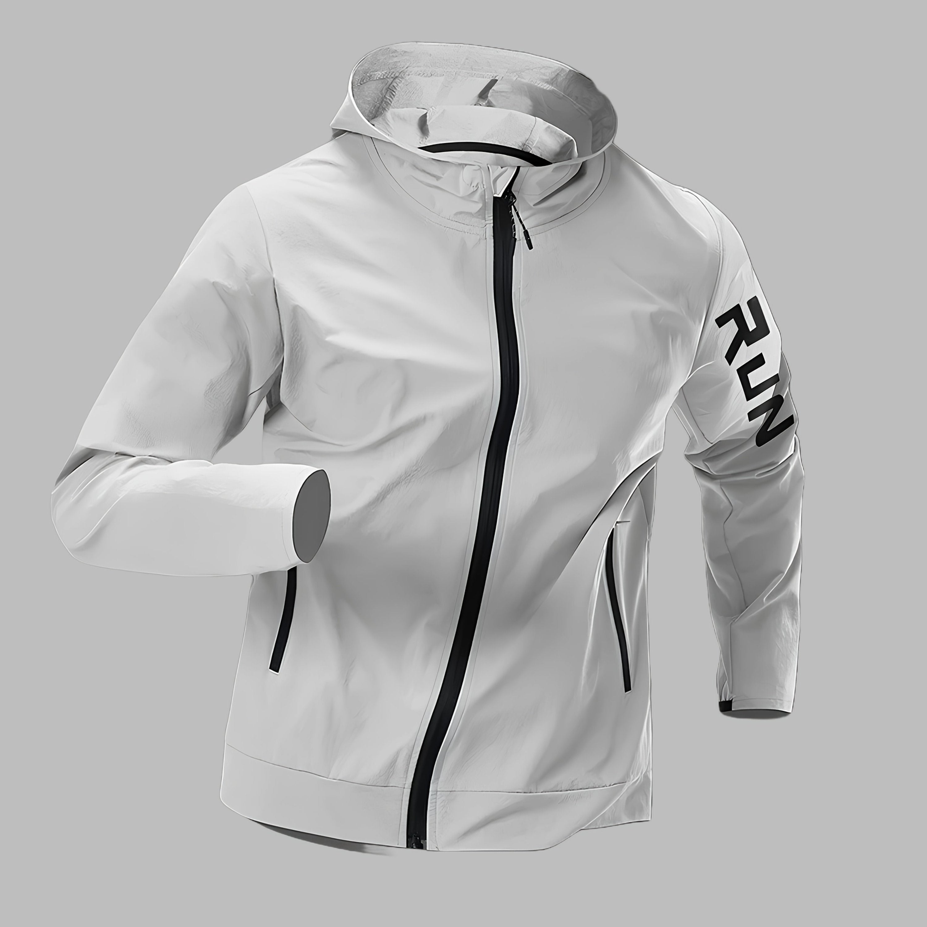 Herrejakke med Hette og "RUN"-Trykk – Sporty Vindjakke for Høst og Vinter