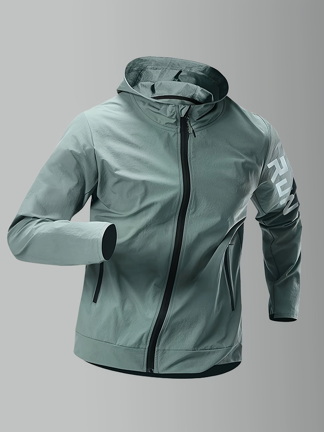 Herrejakke med Hette og "RUN"-Trykk – Sporty Vindjakke for Høst og Vinter