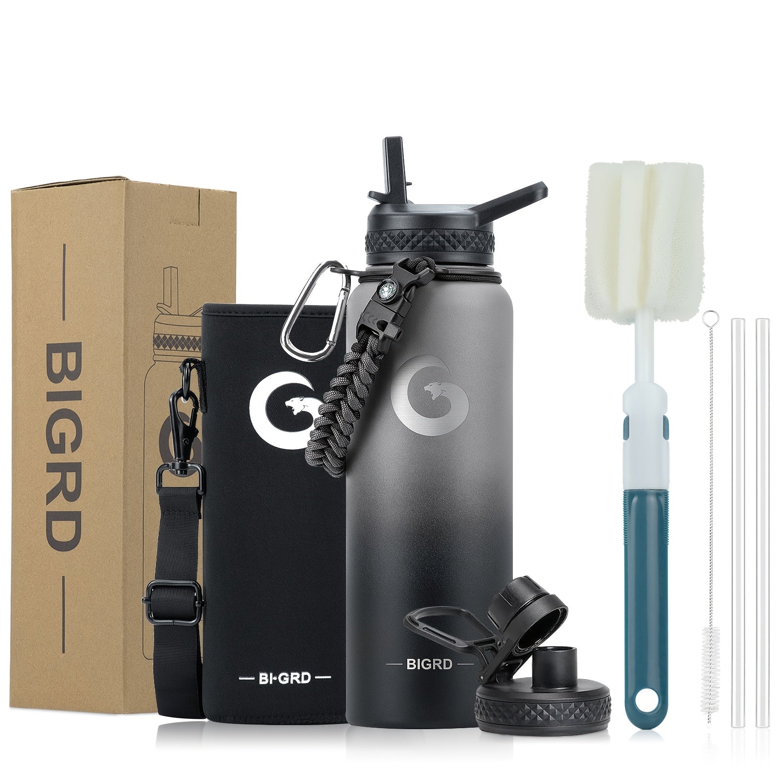 BIGRD Triple-Vacuum Termoflaske – 40oz / 64oz med Paracord-håndtak og sugerørslokk