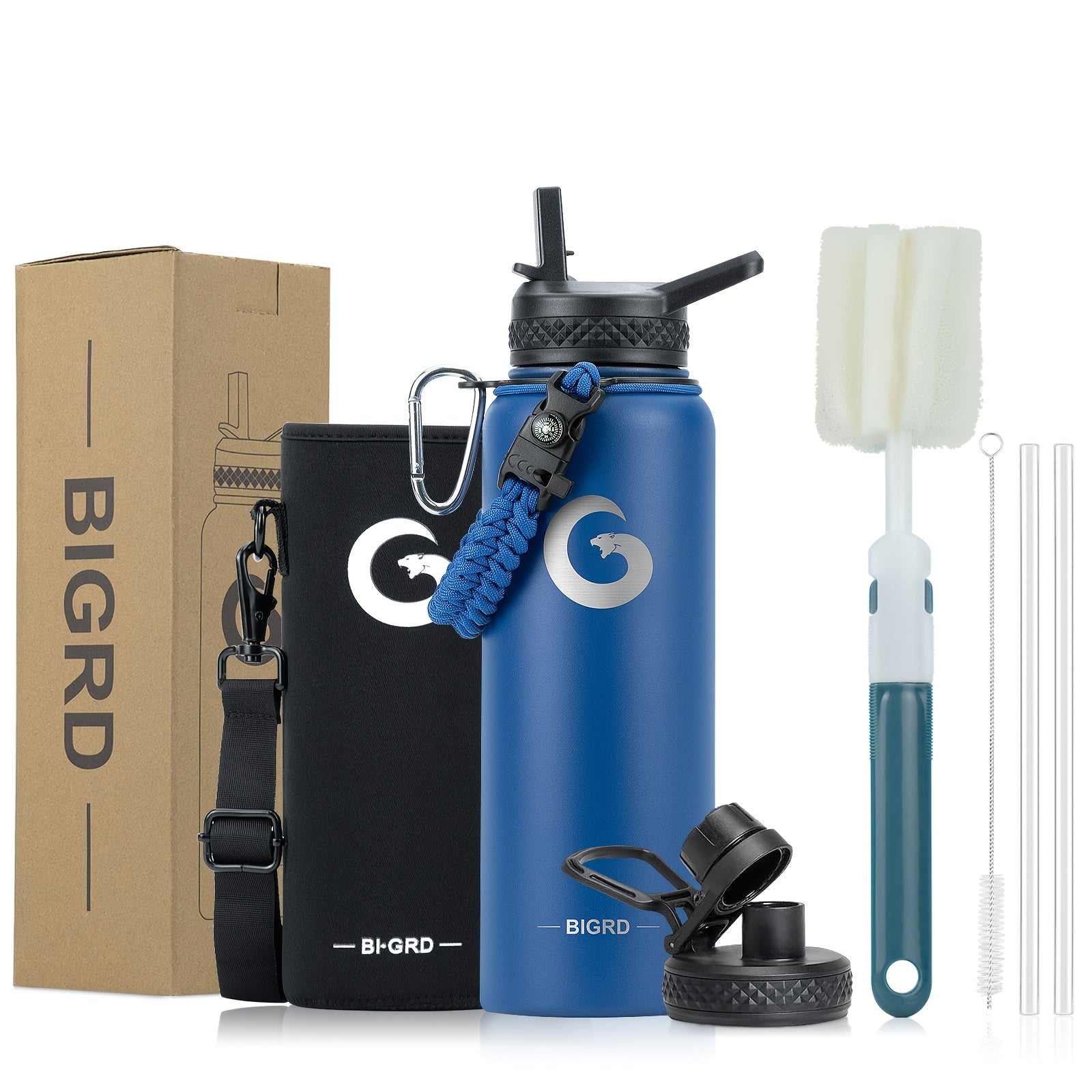BIGRD Triple-Vacuum Termoflaske – 40oz / 64oz med Paracord-håndtak og sugerørslokk