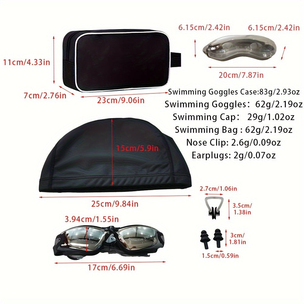 6-i-1 Profesjonelt Svømmeutstyrsett – Silikon Svømmebriller, Svømmehette, Ørepropper, Neseklype og Oppbevaringsbag