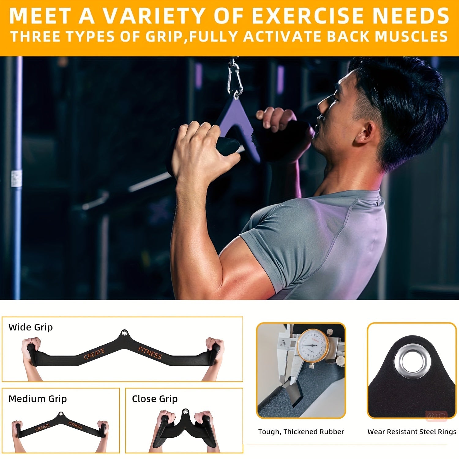 5-delt Premium Treningshåndtaksett – Lat Pulldown-stenger i svart jern med "FITNESS"-trykk