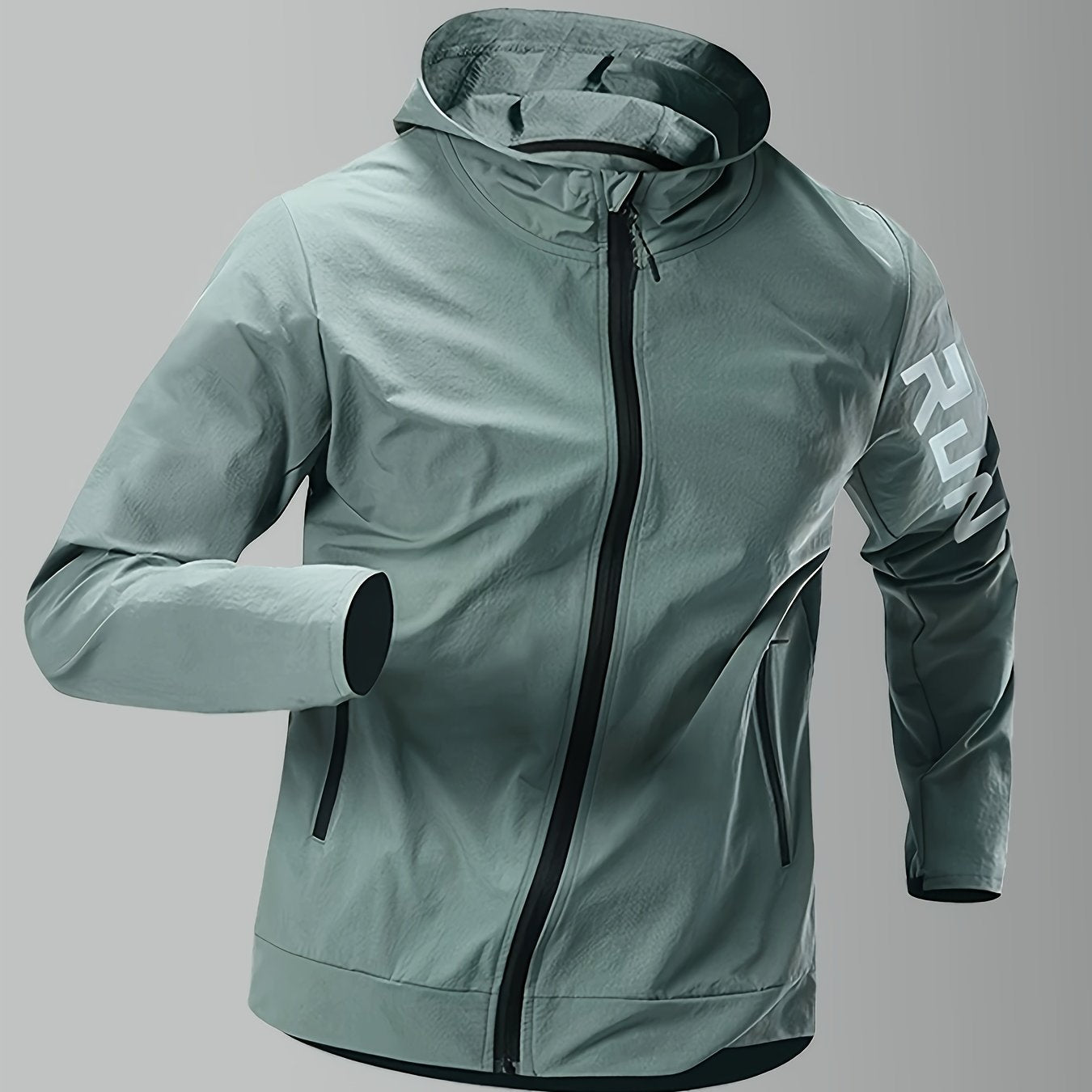 Herrejakke med Hette og "RUN"-Trykk – Sporty Vindjakke for Høst og Vinter