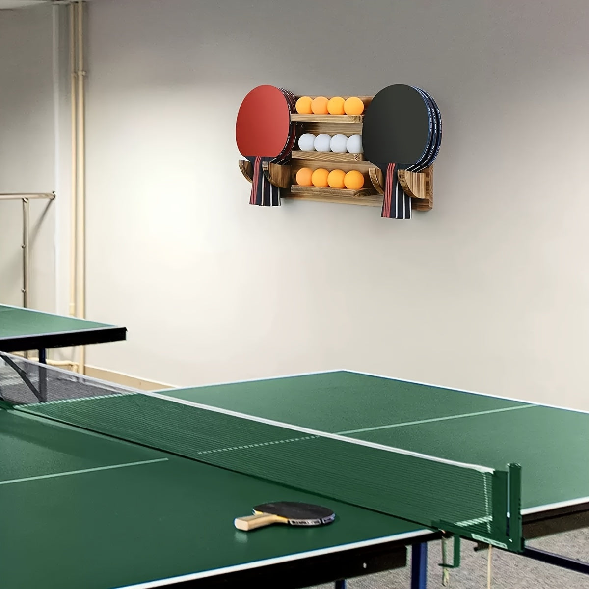 Vegghengt Bordtennisholder i Tre – Organiseringsstativ for 3 Par Rackerter og 12 Baller