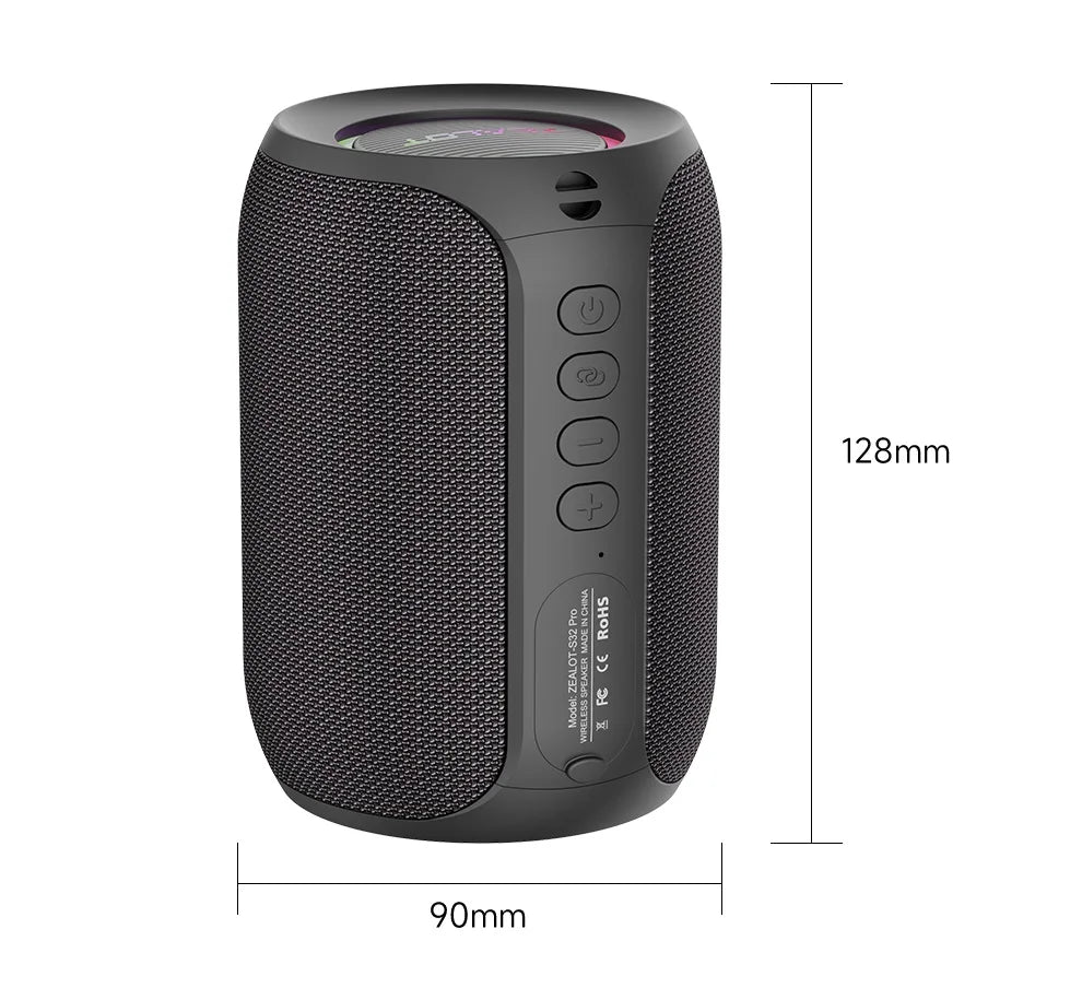 Zealot S32PRO kraftig Bluetooth-høyttaler – bass, LED-lys, vanntett og bærbar for utendørs bruk