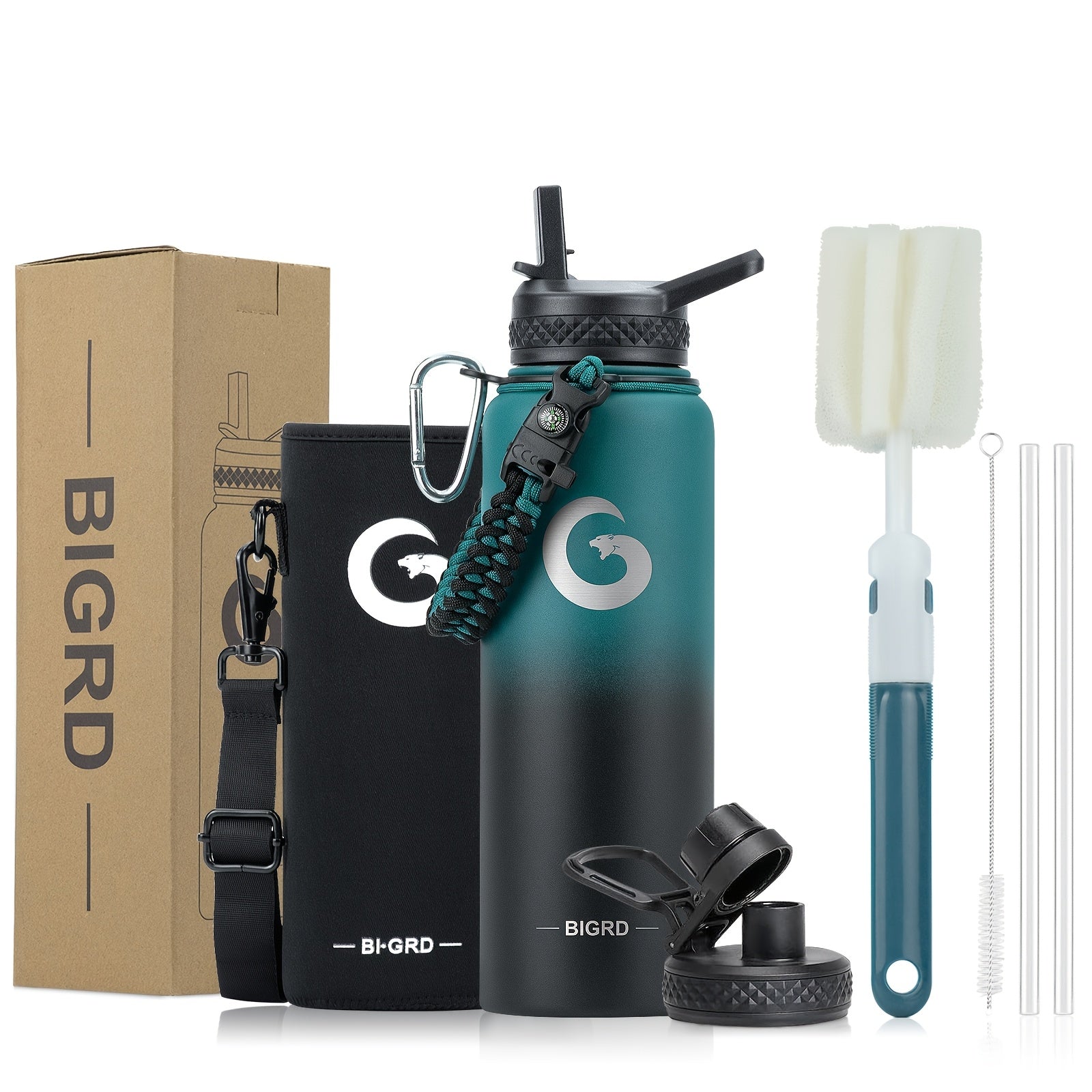 BIGRD Triple-Vacuum Termoflaske – 40oz / 64oz med Paracord-håndtak og sugerørslokk