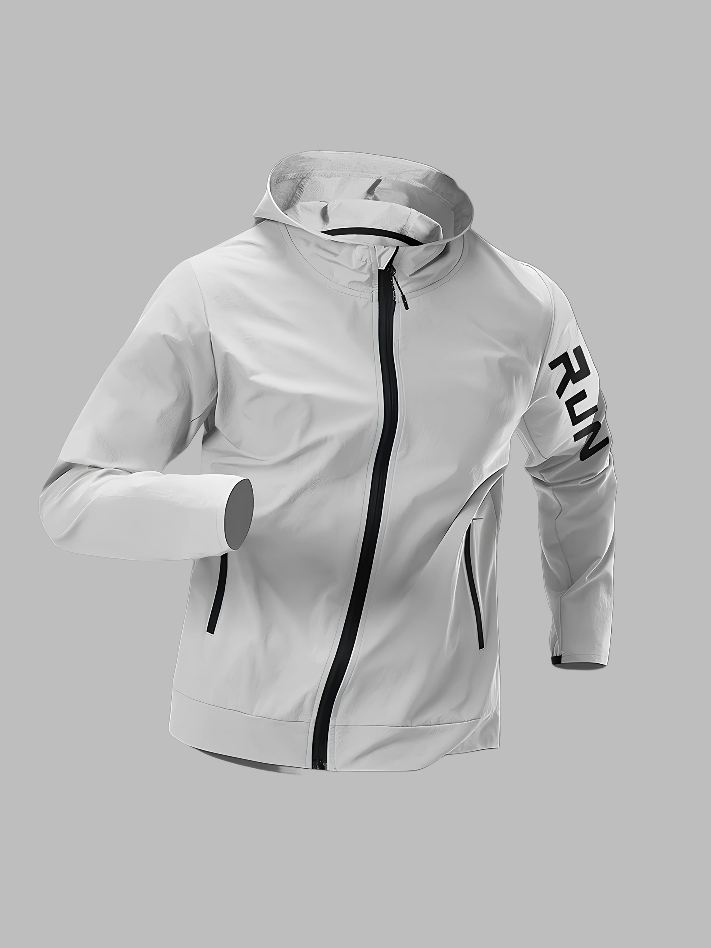 Herrejakke med Hette og "RUN"-Trykk – Sporty Vindjakke for Høst og Vinter