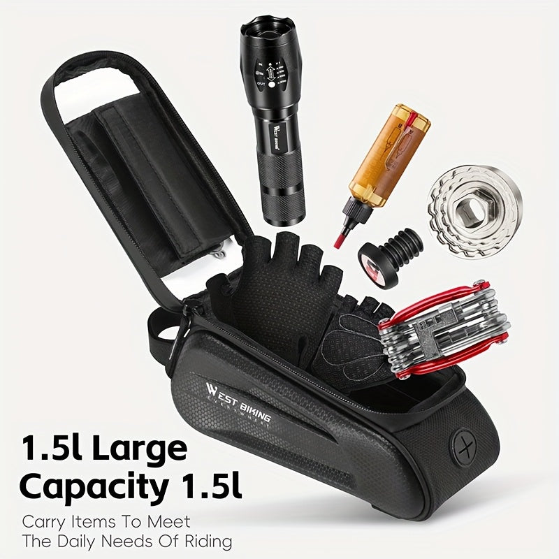West Biking Styreveske med Hardt Skall – 1,5L Vanntett Rammeveske for Landevei- og Terrengsykler