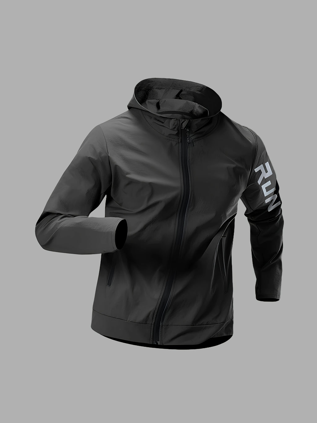 Herrejakke med Hette og "RUN"-Trykk – Sporty Vindjakke for Høst og Vinter