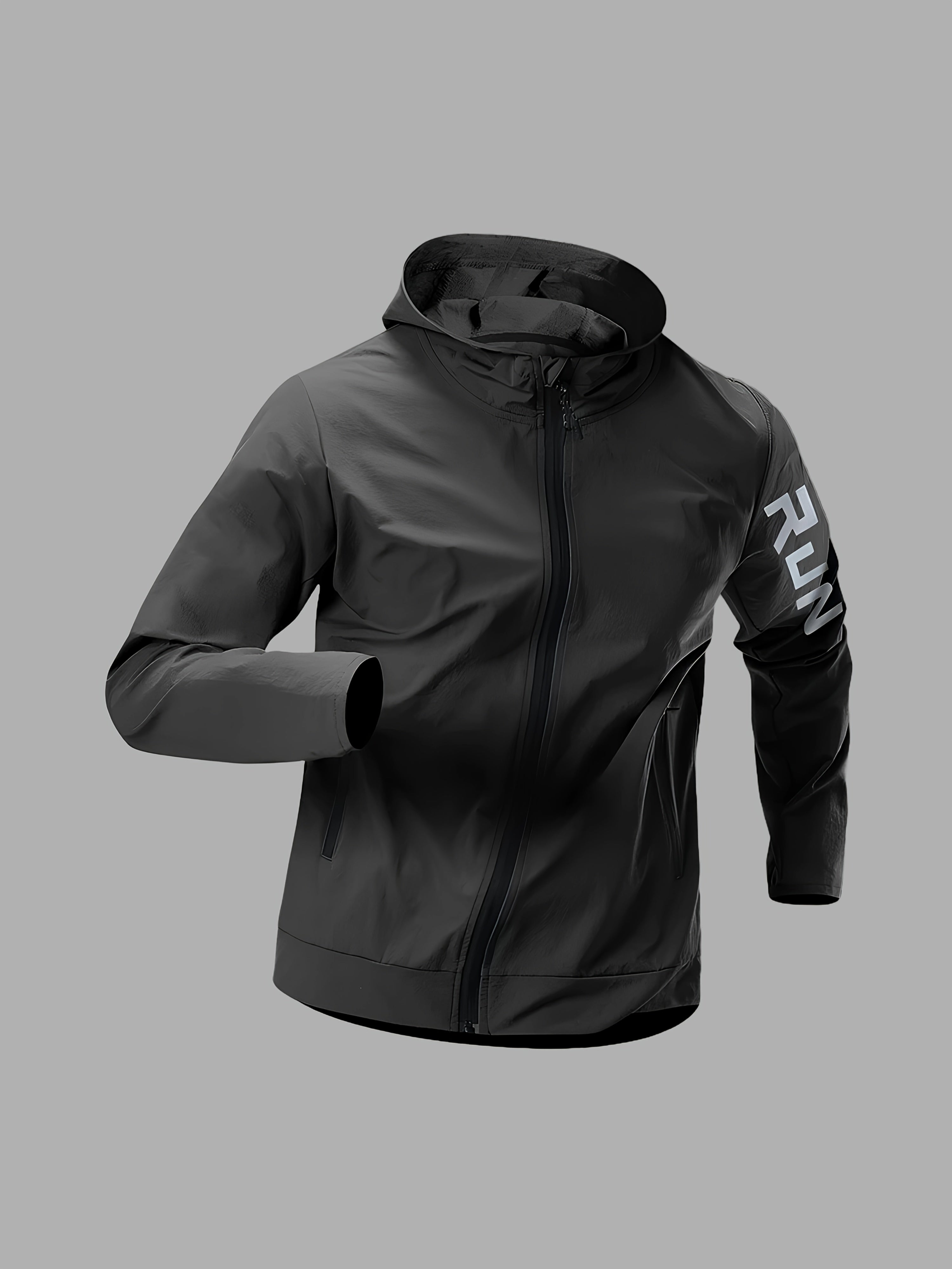Herrejakke med Hette og "RUN"-Trykk – Sporty Vindjakke for Høst og Vinter